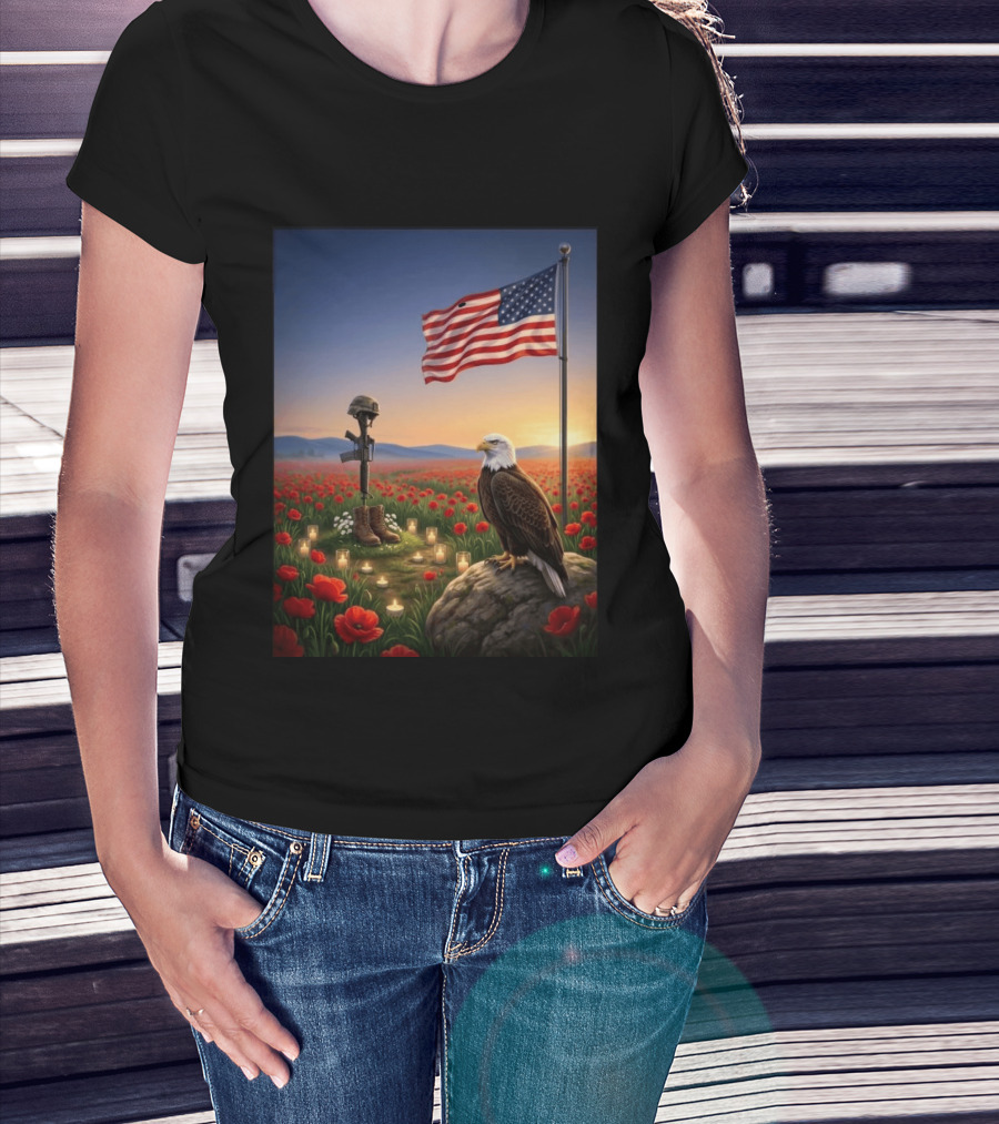 Battlefield Cross American Flag Eagle Honor Our Fallen Heroes Poppy Field T-Shirt