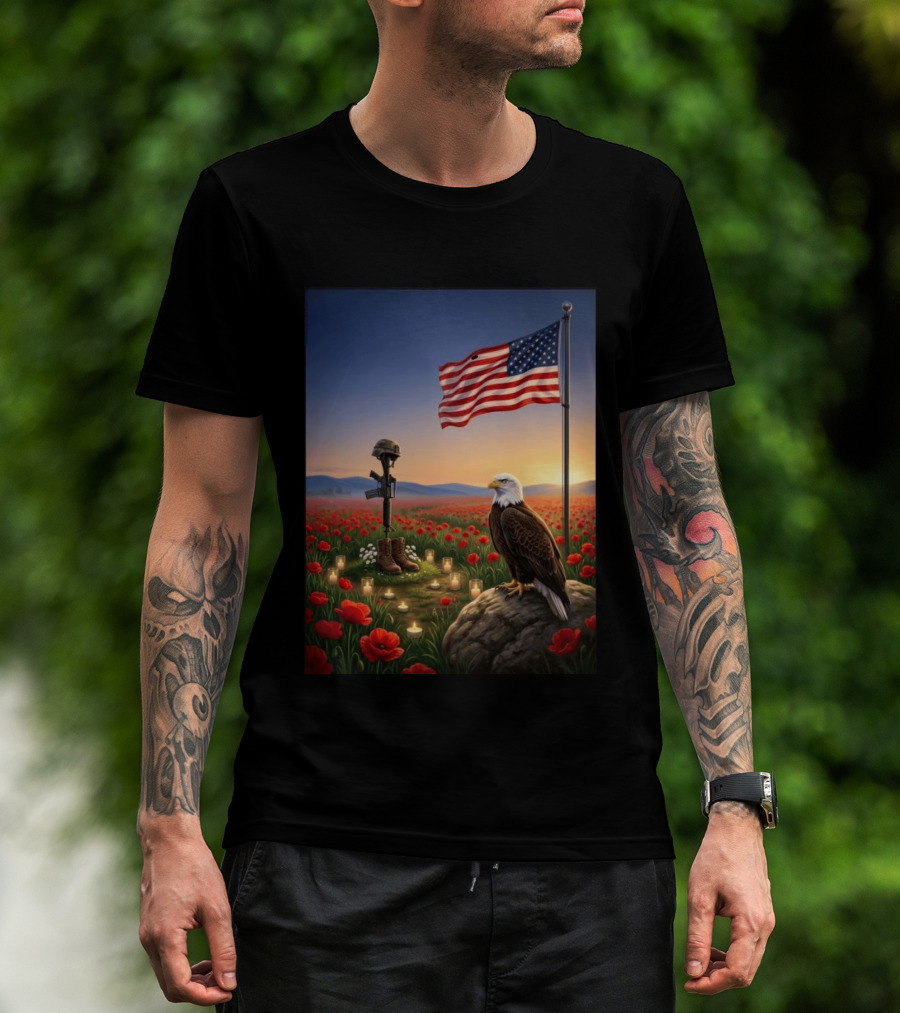 Battlefield Cross American Flag Eagle Honor Our Fallen Heroes Poppy Field T-Shirt