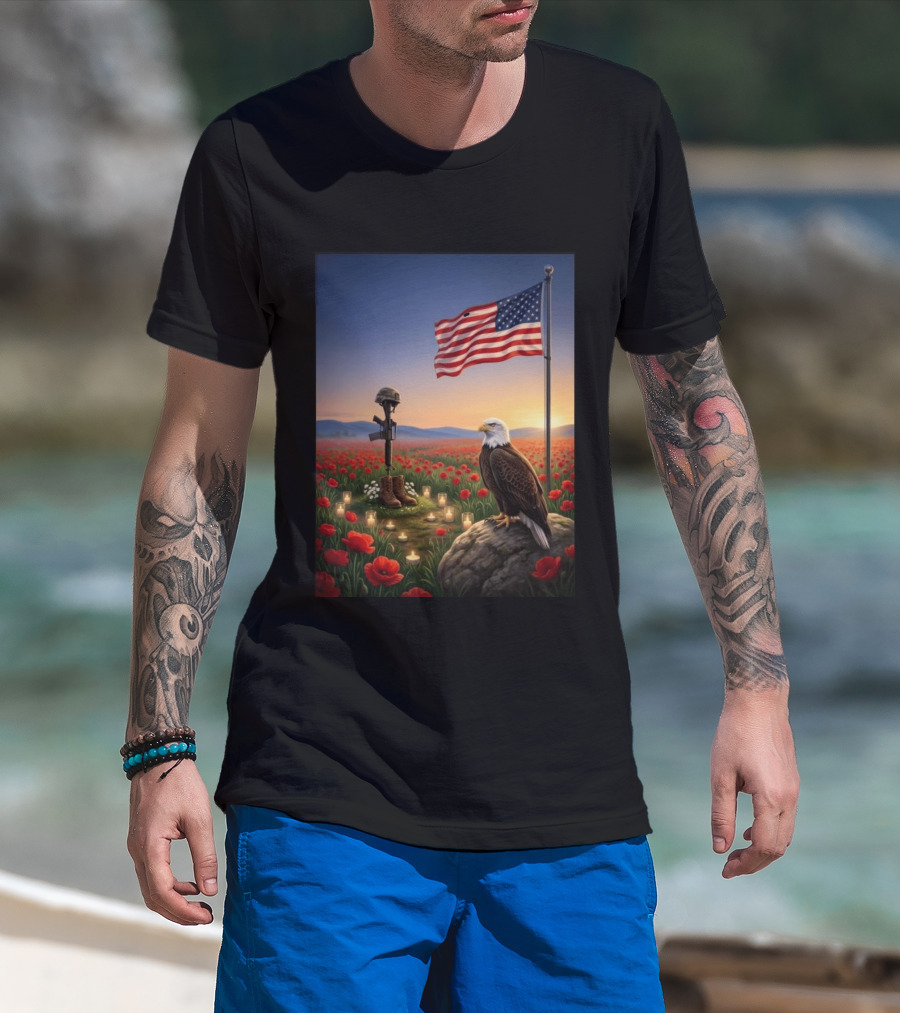 Battlefield Cross American Flag Eagle Honor Our Fallen Heroes Poppy Field T-Shirt