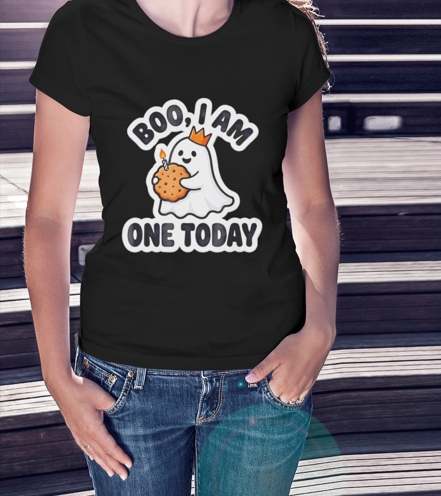 Boo I Am One Today Ghost With Crown And Cookie Birthday Candle T-Shirt