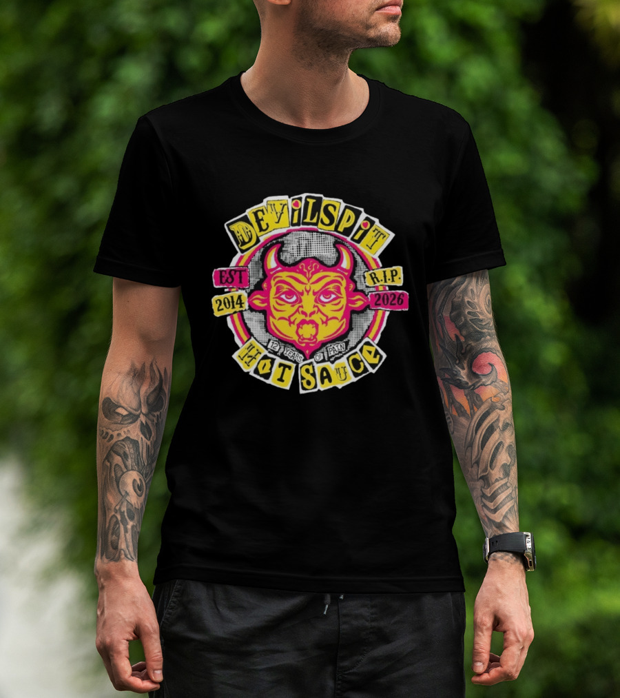 Devilspit Hot Sauce 12 Years Of Pain Est 2014 RIP 2026 Devil Face T-Shirt