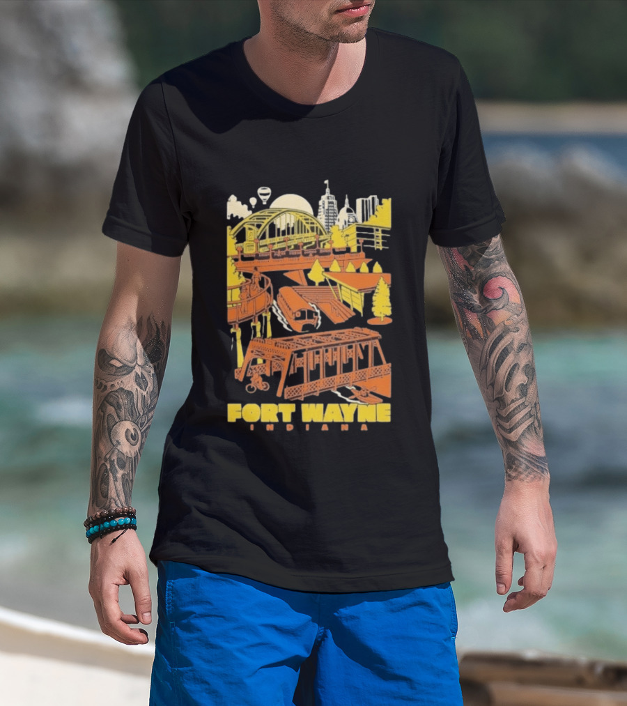Fort Wayne Indiana Riverfront Yellow Orange Skyline And Bridges T-Shirt
