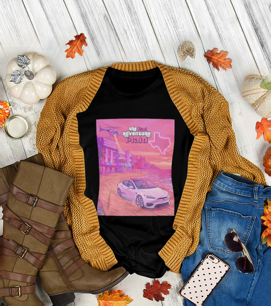 Rad Adventure Plaid Tesla Beach Gag City Joshwest247 Texas Neon Helicopter T-Shirt