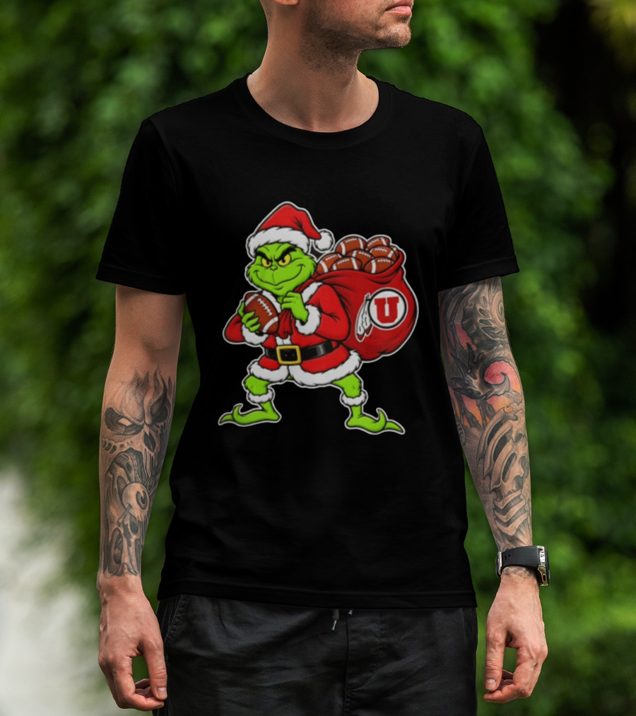 Santa Grinch Utah Utes With Chiefs Footballs Christmas T-Shirt