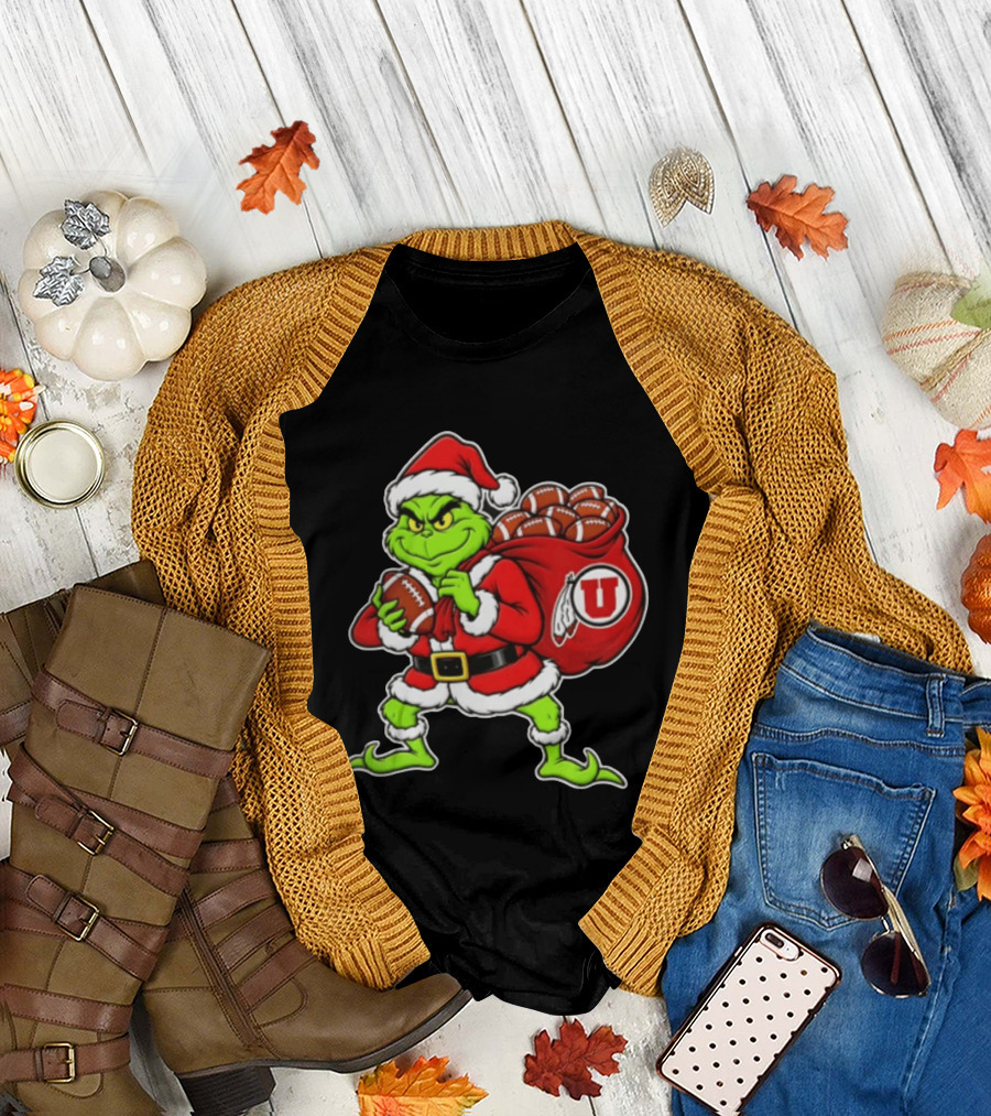 Santa Grinch Utah Utes With Chiefs Footballs Christmas T-Shirt