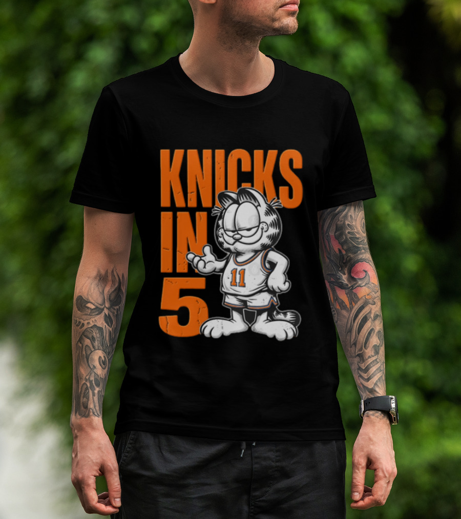 Knicks In 5 Cartoon Cat Wearing Basketball Jersey T-Shirt