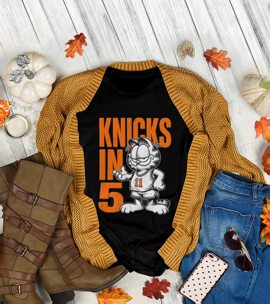 Knicks In 5 Cartoon Cat Wearing Basketball Jersey T-Shirt