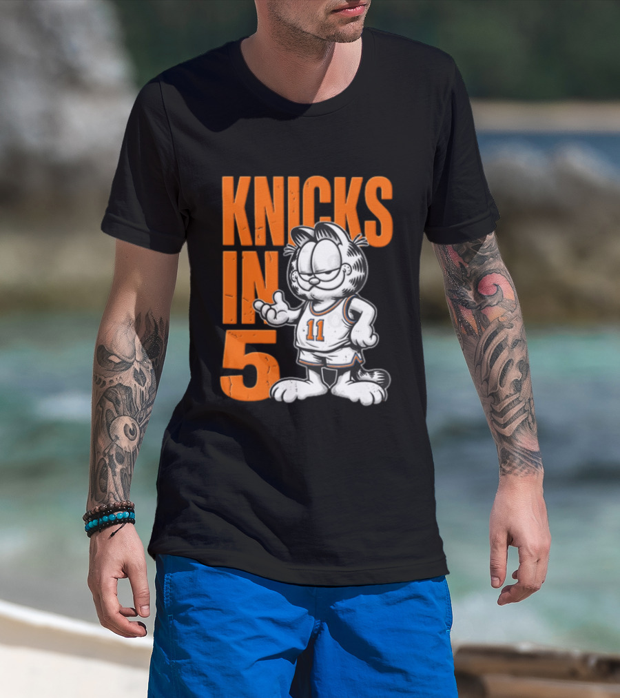 Knicks In 5 Cartoon Cat Wearing Basketball Jersey T-Shirt