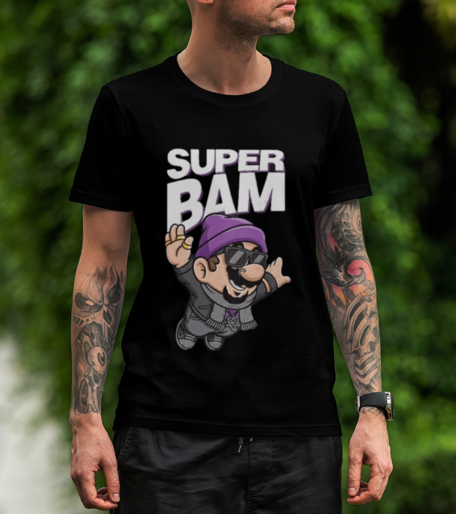 Super Bam Margera Cartoon Style Jackass Purple Beanie Sunglasses Rugged Look T-Shirt