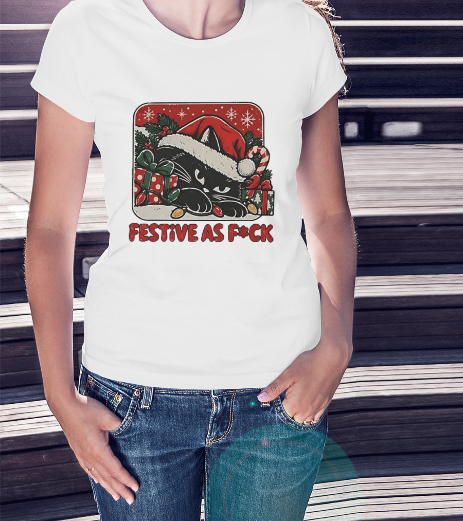 Festive As Fck Cat Christmas Holiday Santa Hat Snowflakes Presents T-Shirt