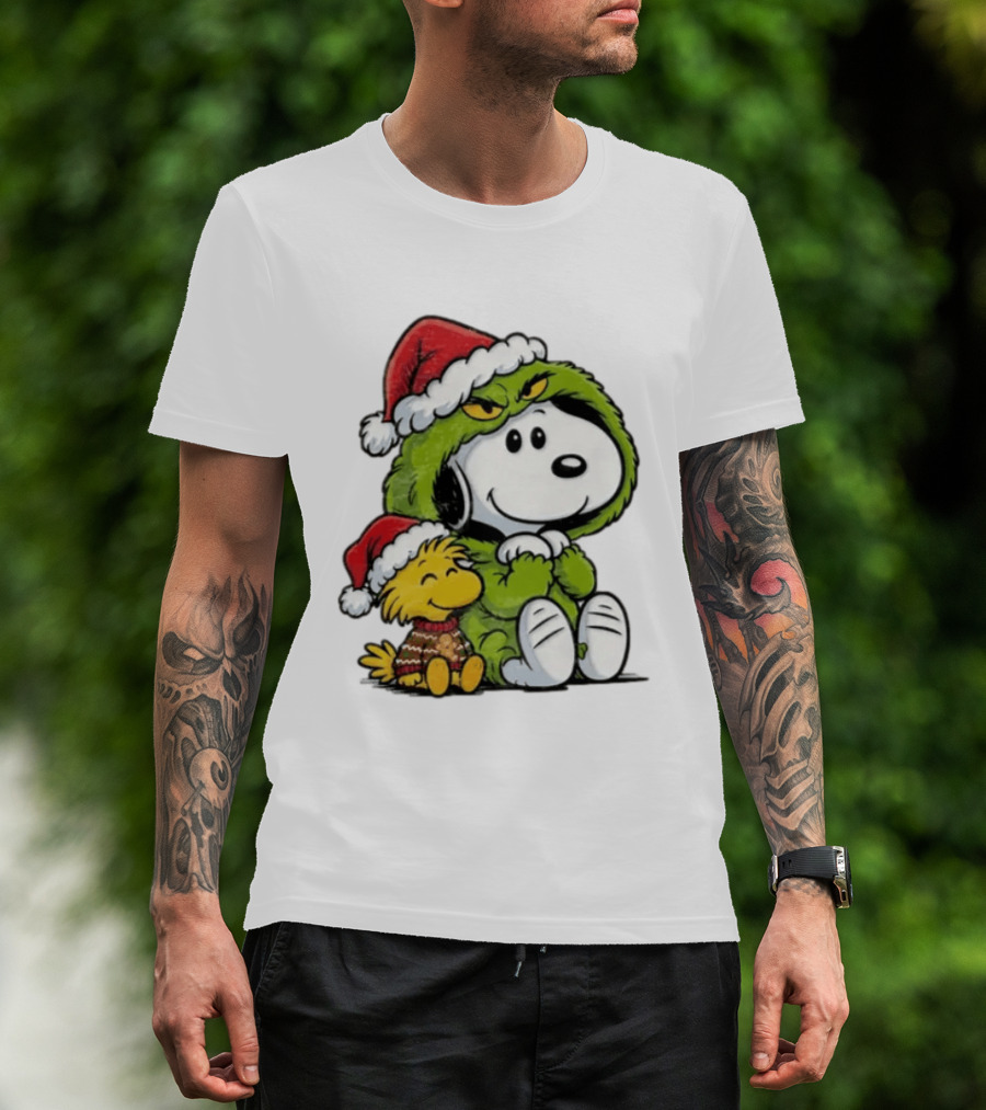 Snoopy And Woodstock In Grinch Costumes With Santa Hats Christmas T-Shirt