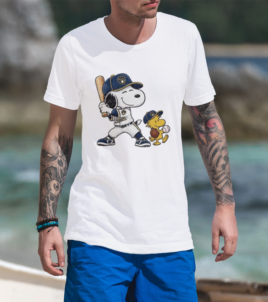 Snoopy Woodstock Milwaukee Brewers Baseball Fan Gear Classic Peanuts Characters T-Shirt