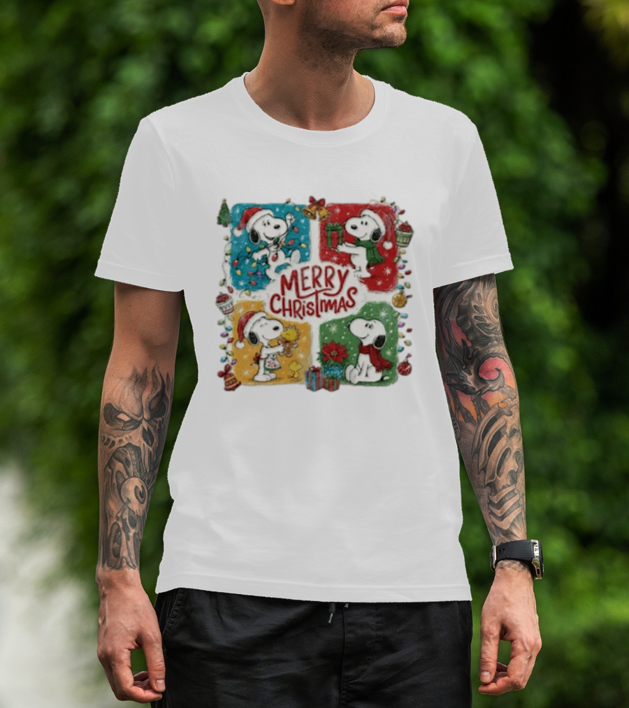 Snoopy Merry Christmas Festive Celebration With Presents And Santa Hat T-Shirt