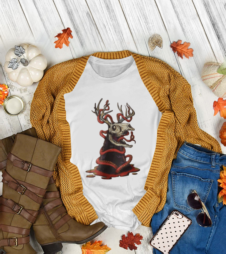 Deer Skull With Red Tentacles And Geometric T-Shirt