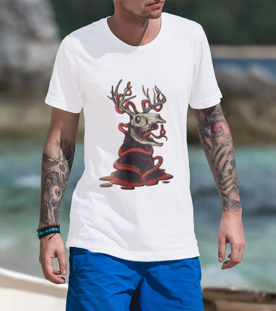 Deer Skull With Red Tentacles And Geometric T-Shirt