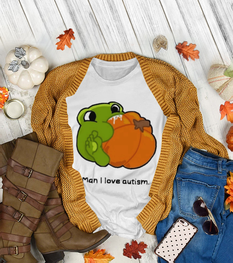 Man I Love Autism Frog Holding Halloween Pumpkin T-Shirt