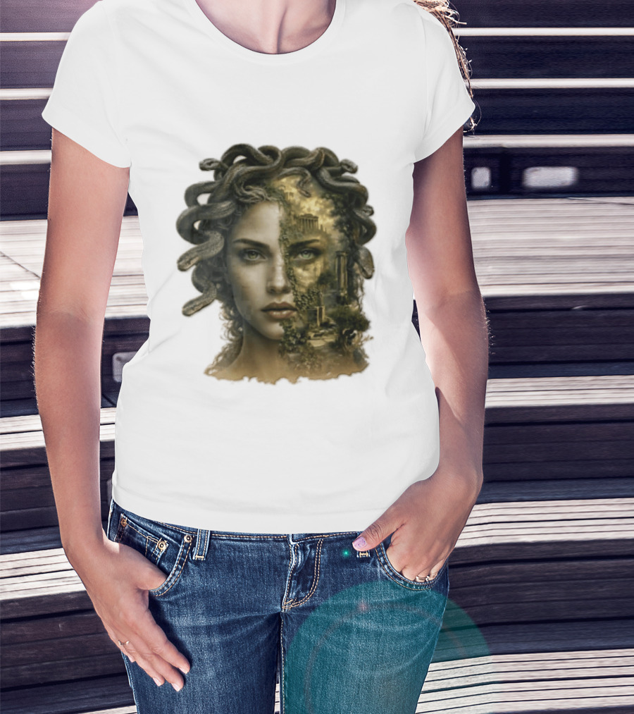 Medusa Woman Face Snakes Hair Ancient Ruins T-Shirt