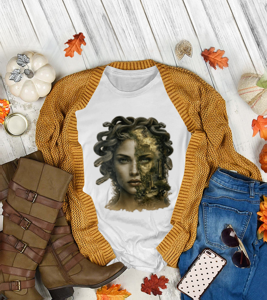 Medusa Woman Face Snakes Hair Ancient Ruins T-Shirt