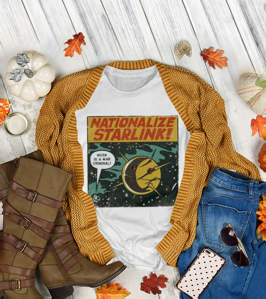 Nationalize Starlink Musk Is A War Criminal Outer Space Retro Comic T-Shirt