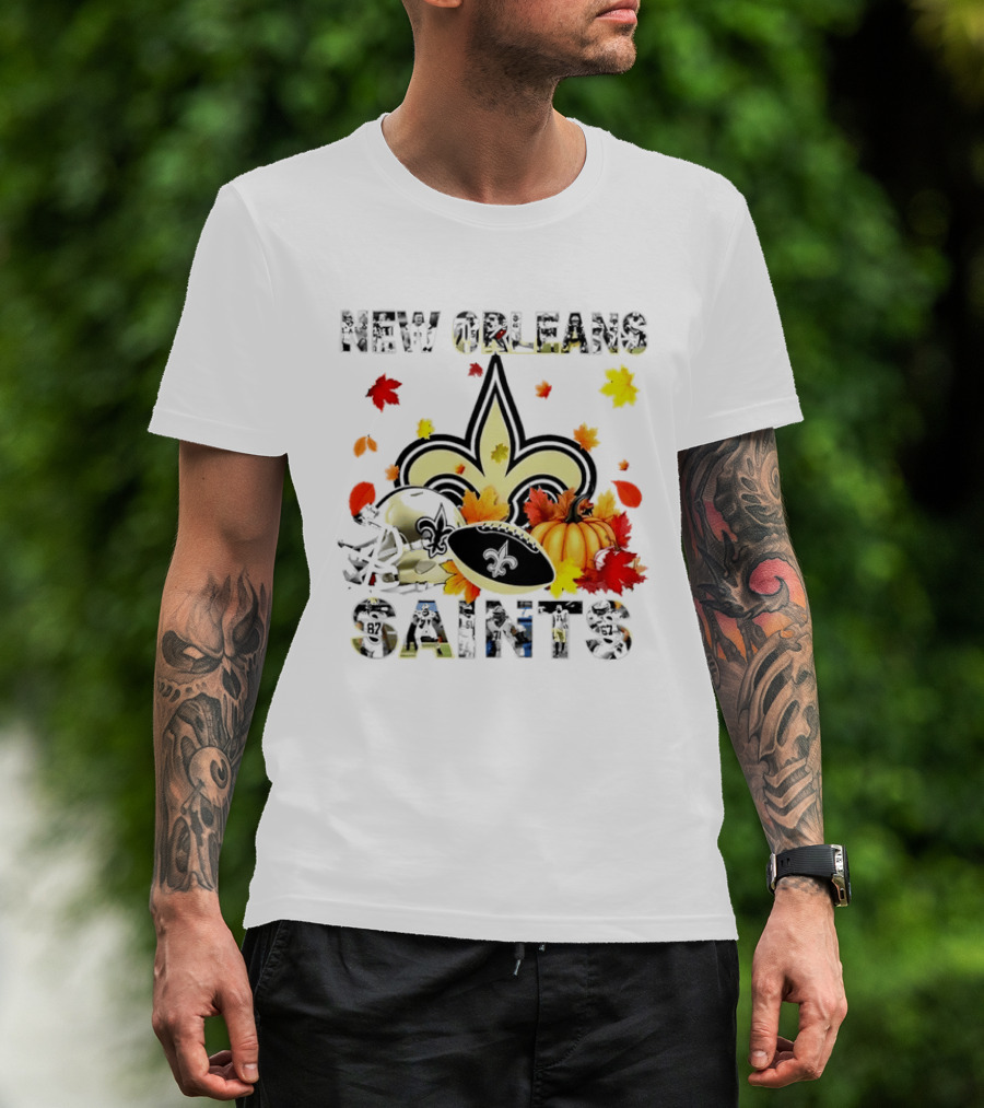 New Orleans Saints Autumn 2026 Pumpkin Leaves Football T-Shirt