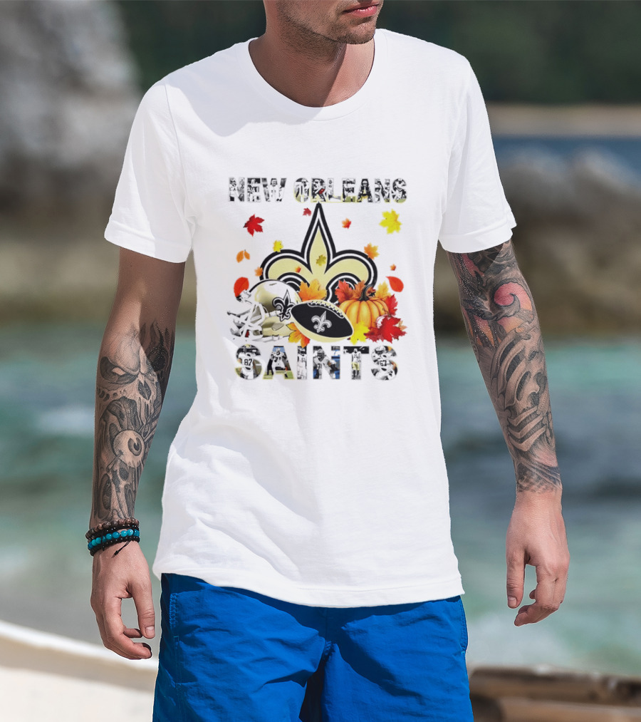 New Orleans Saints Autumn 2026 Pumpkin Leaves Football T-Shirt