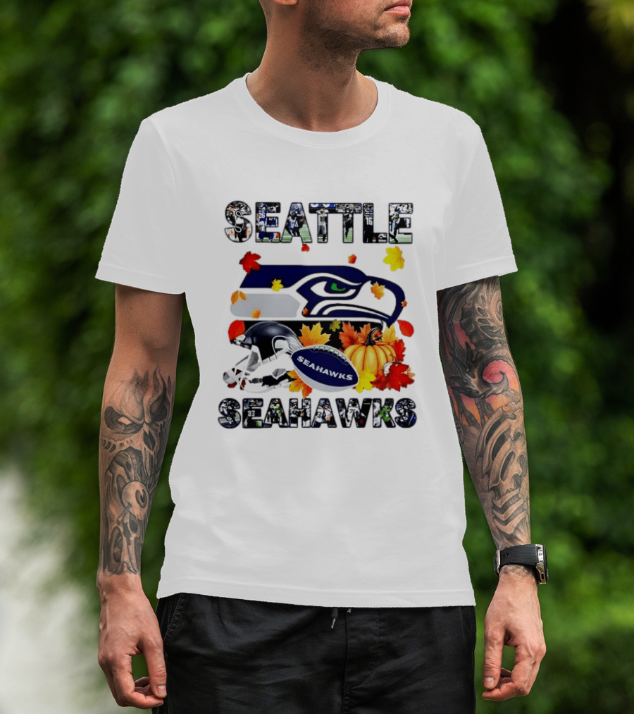 Seattle Seahawks Autumn Legend Player 2026 Football Helmet Pumpkin Leaves T-Shirt