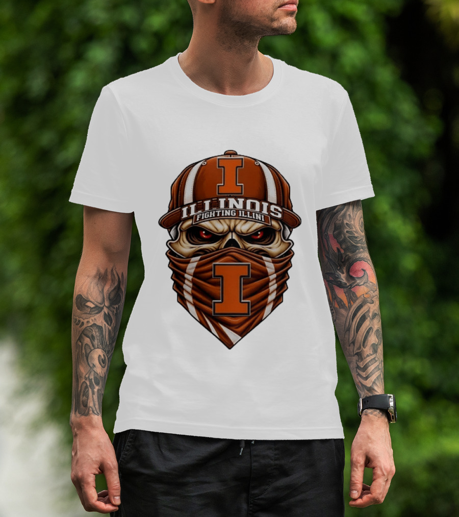 Illinois Fighting Illini Skull Cap Mask NCAA T-Shirt