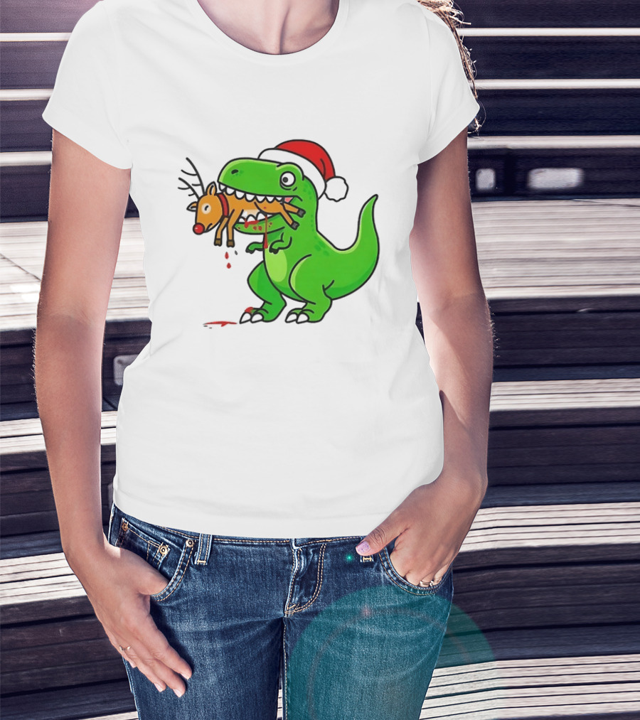 T Rex Eating A Reindeer Santa Hat Christmas Fun T-Shirt