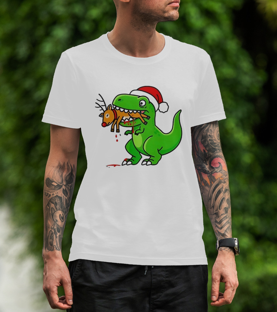T Rex Eating A Reindeer Santa Hat Christmas Fun T-Shirt