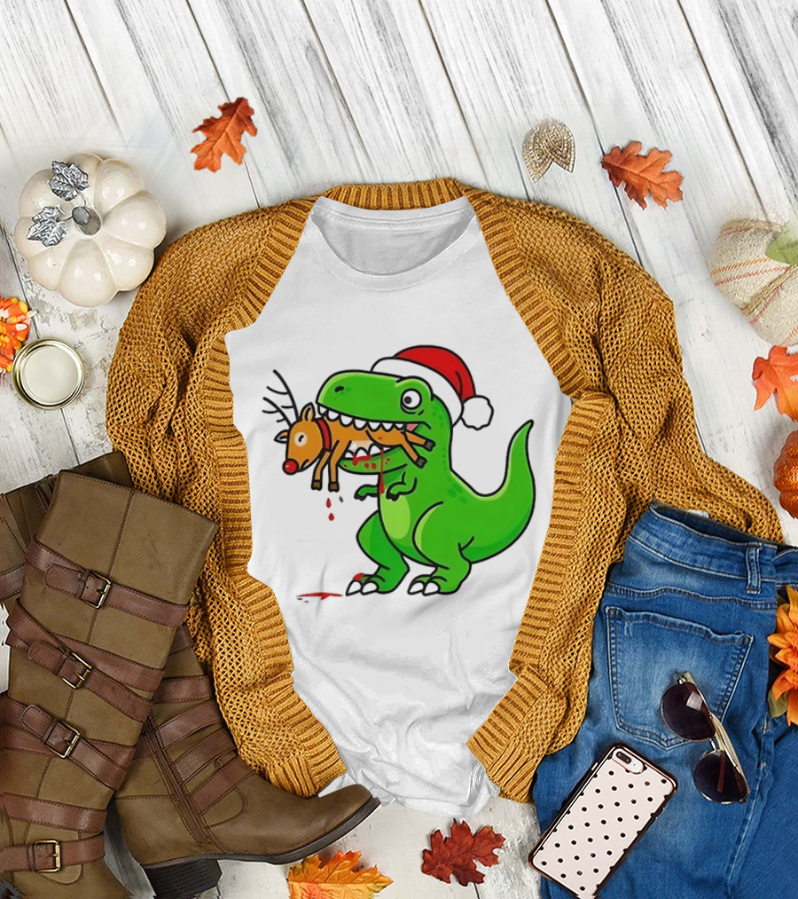 T Rex Eating A Reindeer Santa Hat Christmas Fun T-Shirt