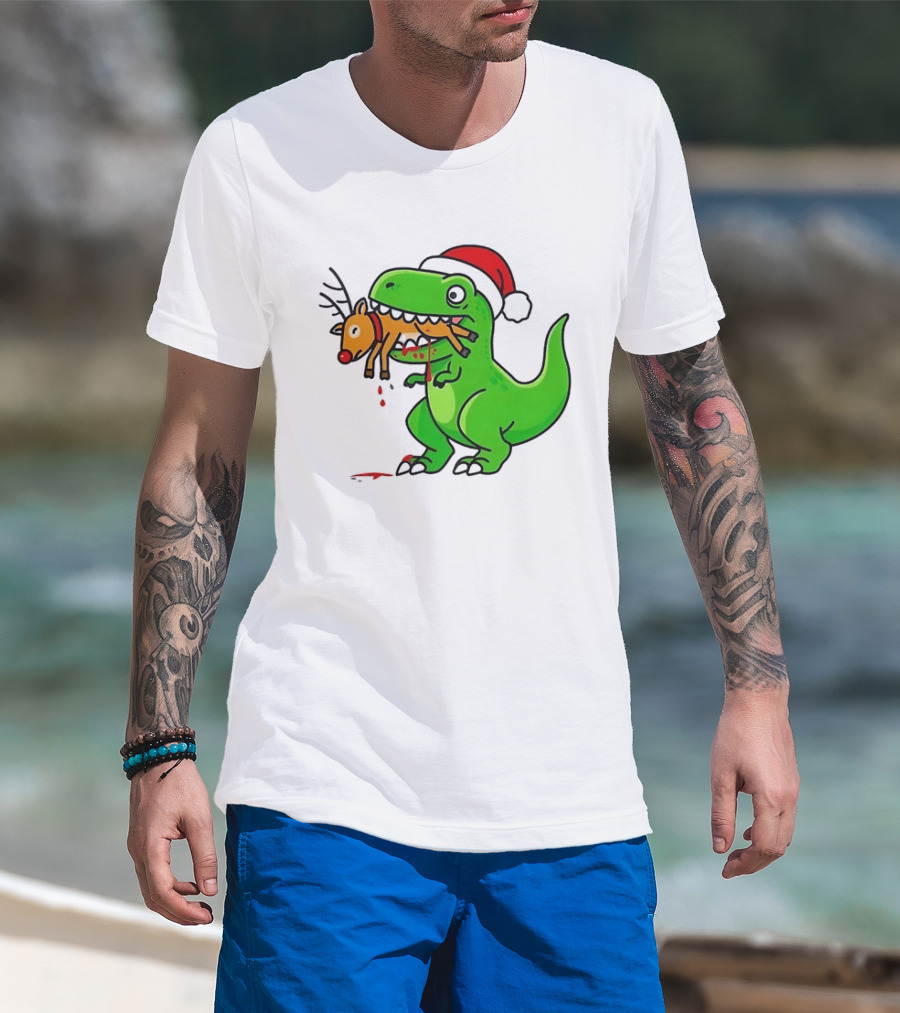 T Rex Eating A Reindeer Santa Hat Christmas Fun T-Shirt