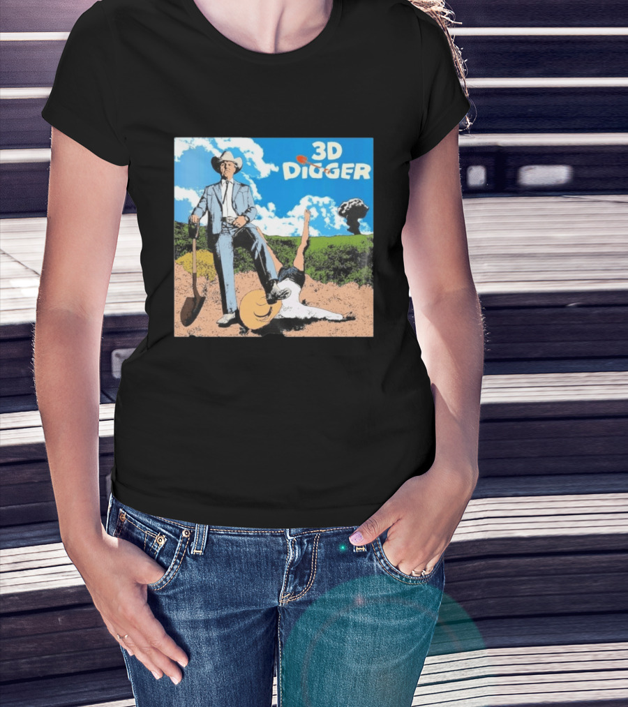 3D Digger Rockwell Western Cowboy Shovel Scene T-Shirt