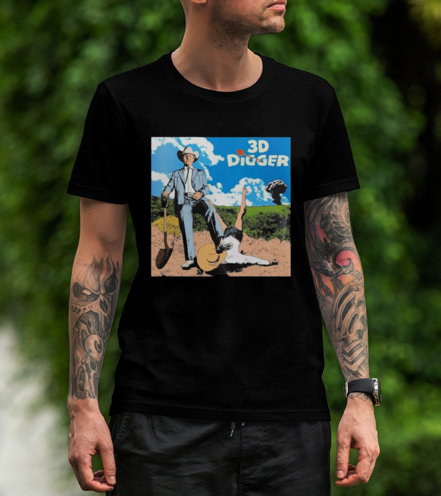 3D Digger Rockwell Western Cowboy Shovel Scene T-Shirt