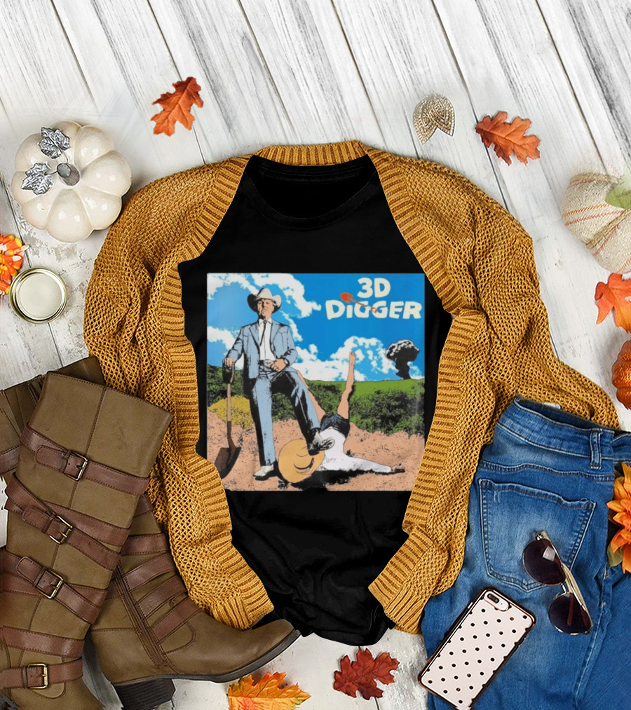 3D Digger Rockwell Western Cowboy Shovel Scene T-Shirt