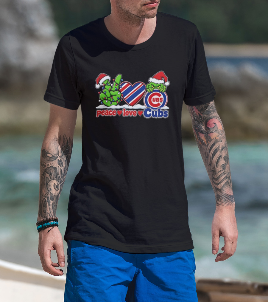 Peace Love Cubs Grinch Christmas Santa Hat Holiday T-Shirt