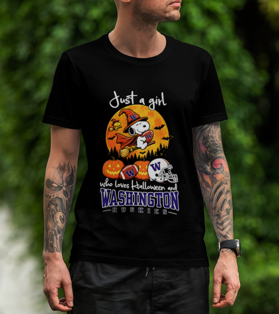 Just A Girl Who Loves Halloween And Washington Huskies Snoopy Woodstock 2026 T-Shirt