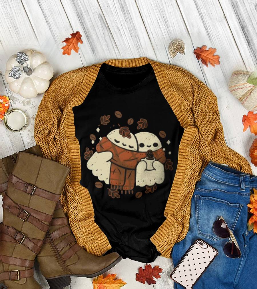 Two Ghosts Cozy In Plaid Scarf With Coffee Surrounded By Fall Leaves And Beans T-Shirt
