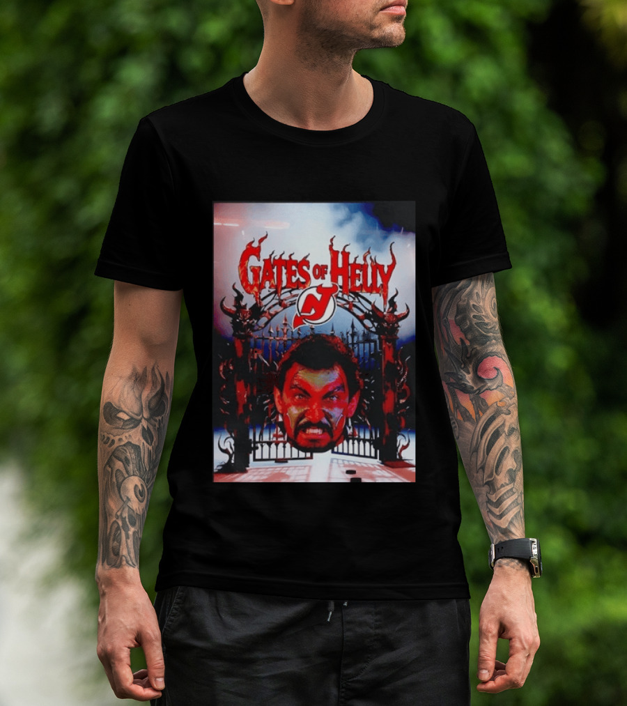Gates Of Helly New Jersey Devils Hockey Fan Art With Demonic Gate And Fiery T-Shirt