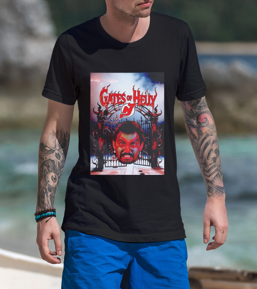Gates Of Helly New Jersey Devils Hockey Fan Art With Demonic Gate And Fiery T-Shirt