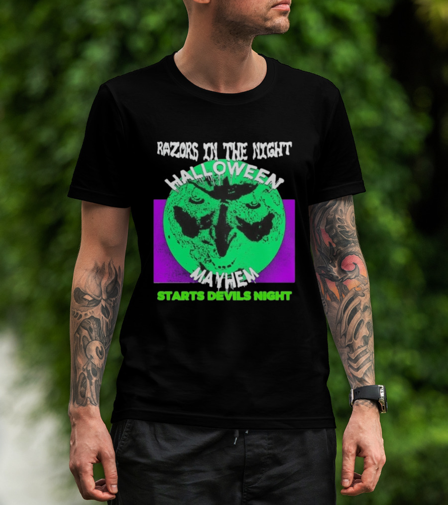 Razors In The Night Halloween Mayhem Starts Devils Night Green Skull T-Shirt