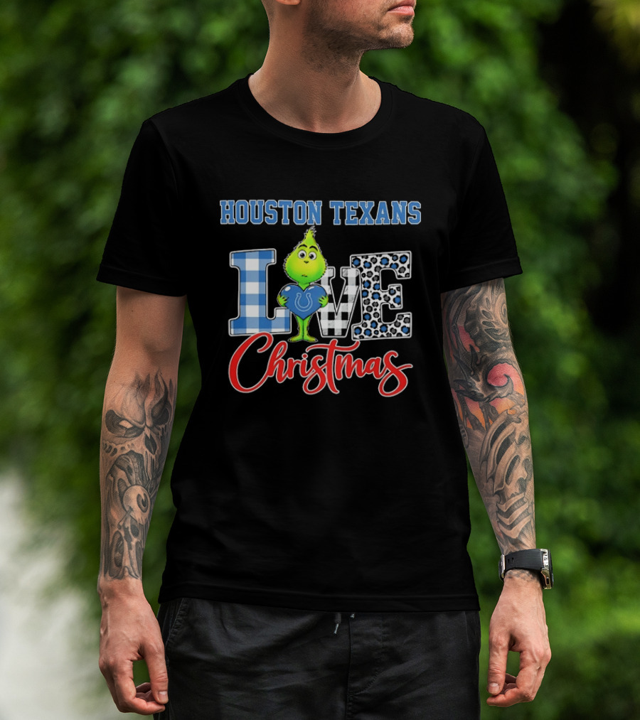 Houston Texans Grinch Holding Colts Heart Love Christmas Checkered Leopard T-Shirt