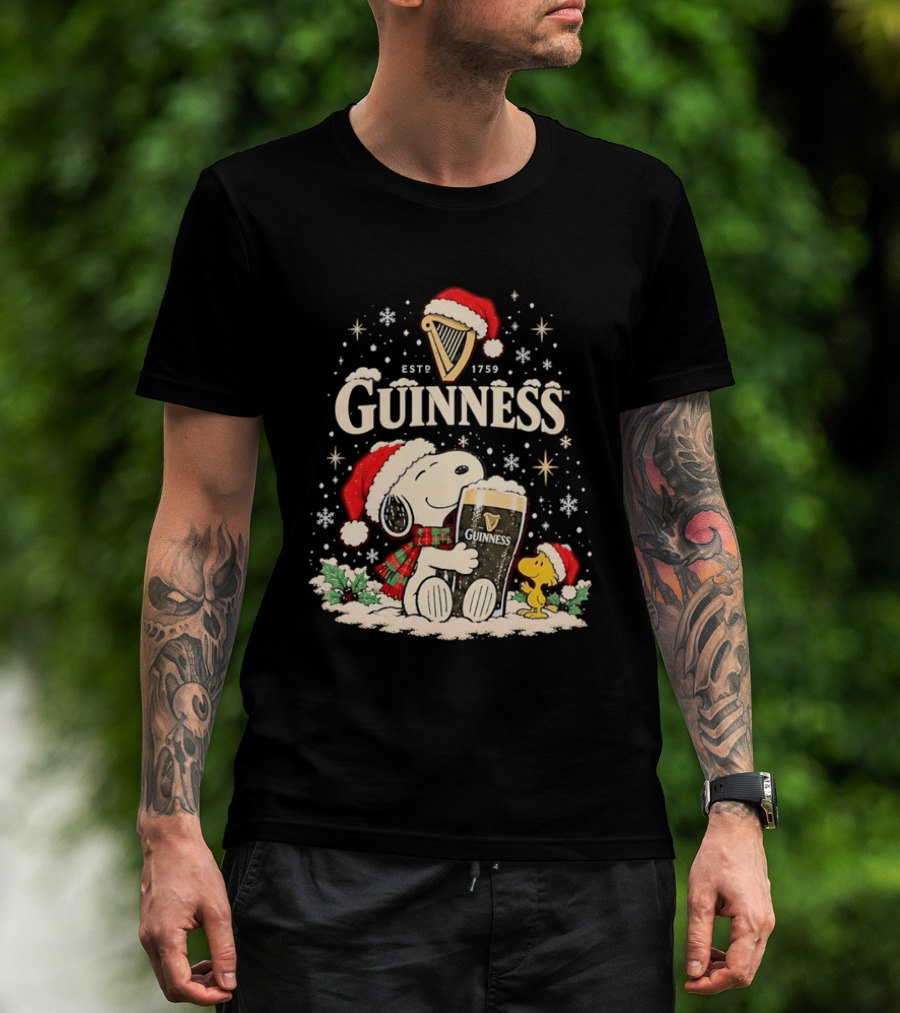 Snoopy Woodstock Guinness Christmas Snoopy Santa Hat Guinness Beer T-Shirt