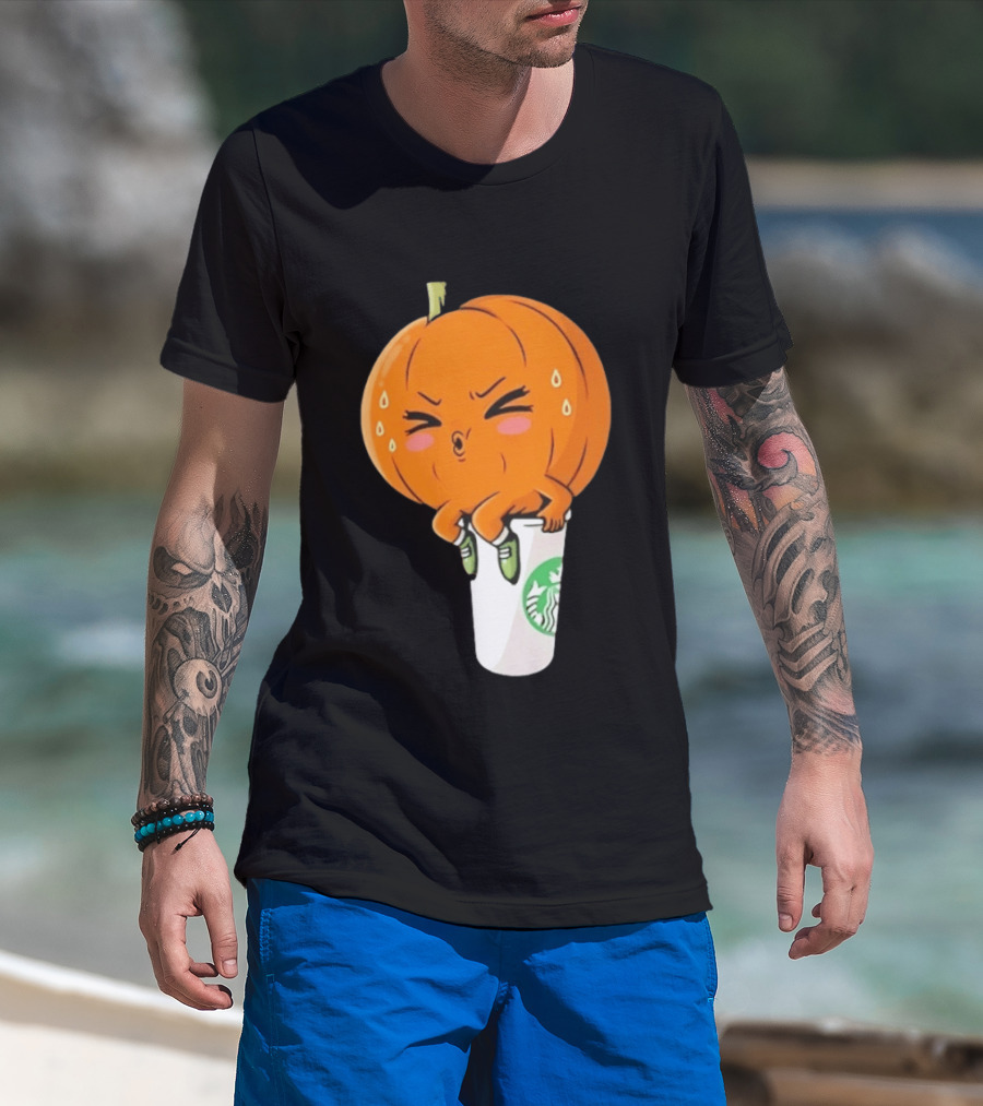 Sweating Pumpkin Sitting On A Starbucks Coffee Cup T-Shirt