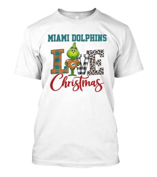 Miami Dolphins Grinch Holding Heart Love Christmas Checkered Leopard T-Shirt