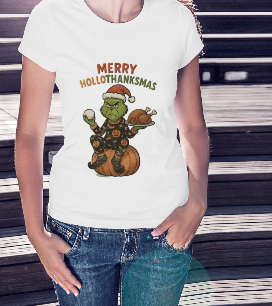 Merry Hollothanksmas The Grinch In Pumpkin Outfit With Santa Hat And Thanksgiving Turkey Plate T-Shirt