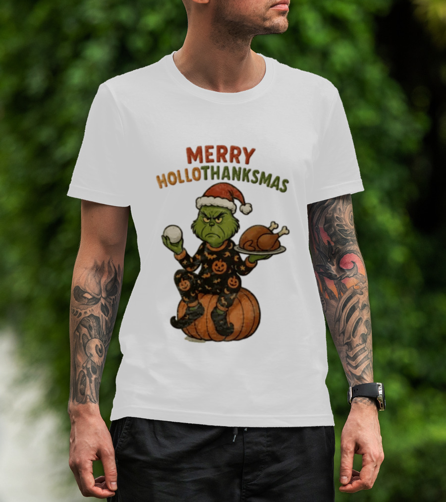 Merry Hollothanksmas The Grinch In Pumpkin Outfit With Santa Hat And Thanksgiving Turkey Plate T-Shirt