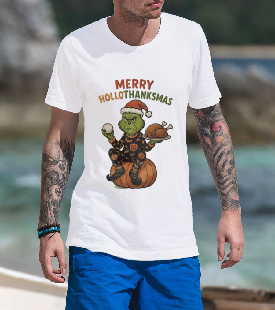 Merry Hollothanksmas The Grinch In Pumpkin Outfit With Santa Hat And Thanksgiving Turkey Plate T-Shirt