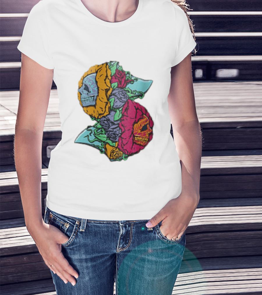 Two Skulls With Vibrant Roses And Sharp Blades T-Shirt