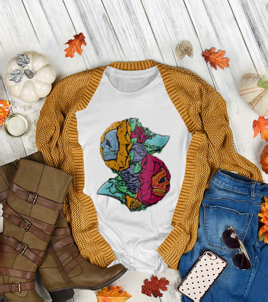 Two Skulls With Vibrant Roses And Sharp Blades T-Shirt