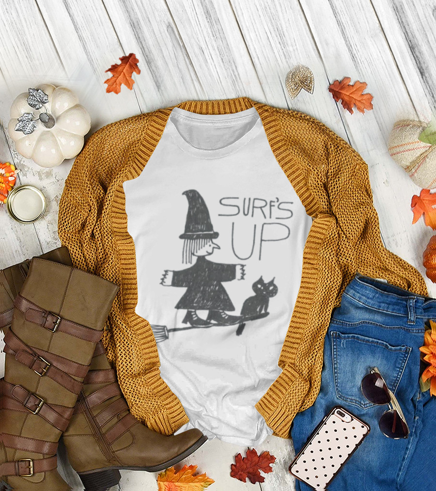 Witch Riding A Broomstick Surf's Up Halloween Cat T-Shirt